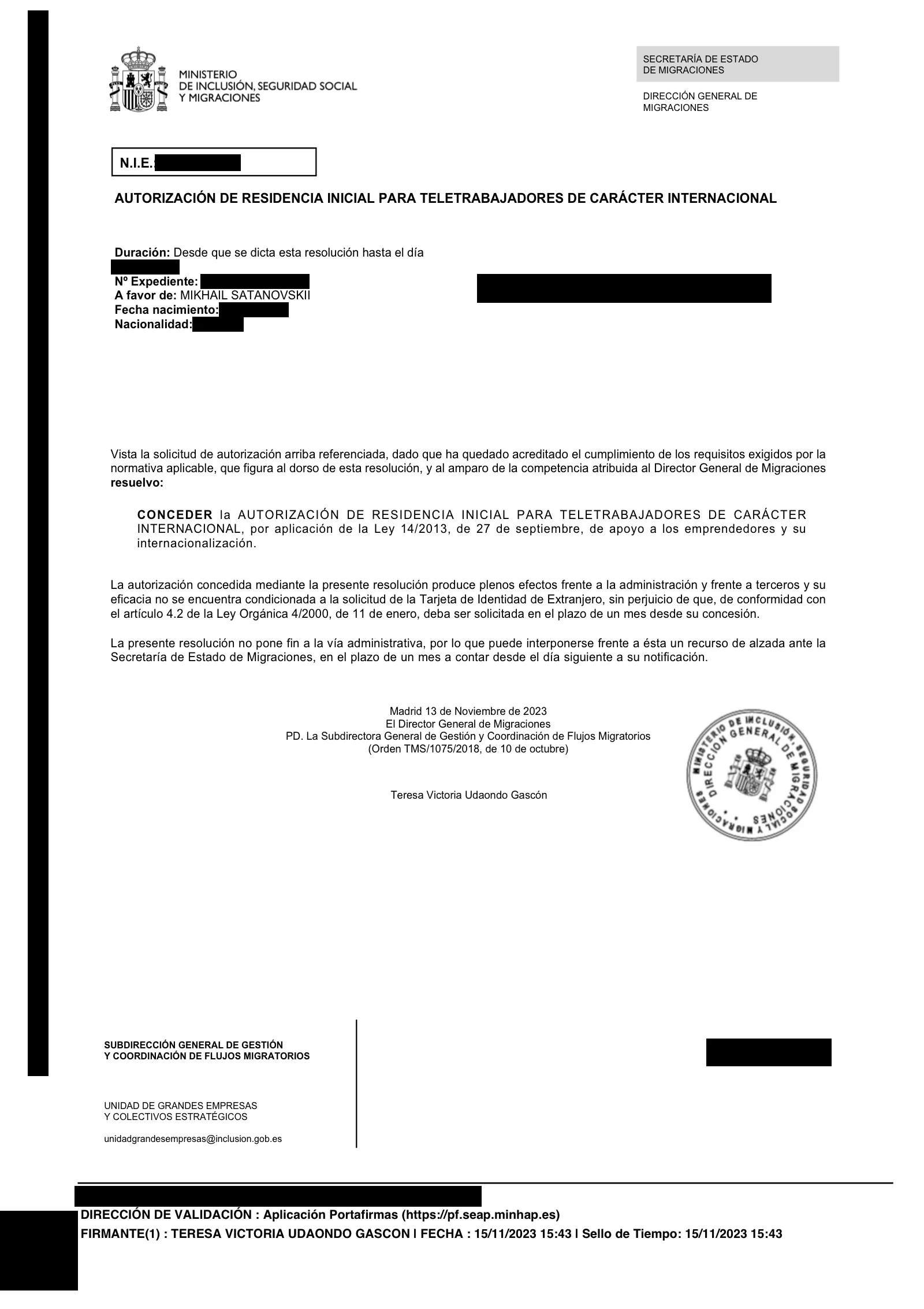 The co-founder's own UGE digital-nomad-visa approval — personal data covered with opaque plaques