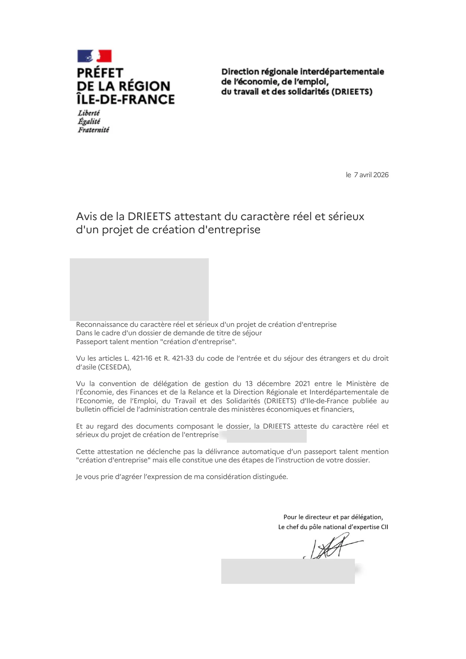DRIEETS favourable opinion on the founder's own French project — personal data redacted